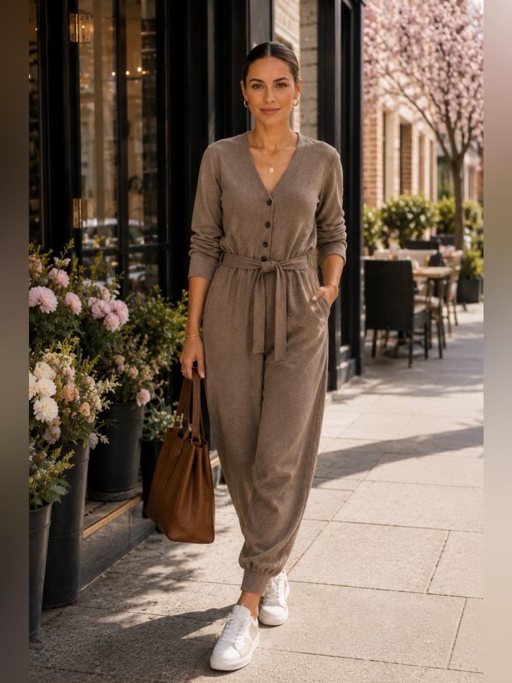 *Alex Mill Merino Wool Blend Knit Jumpsuit Taupe Quiet Luxury Tie Waist Size L